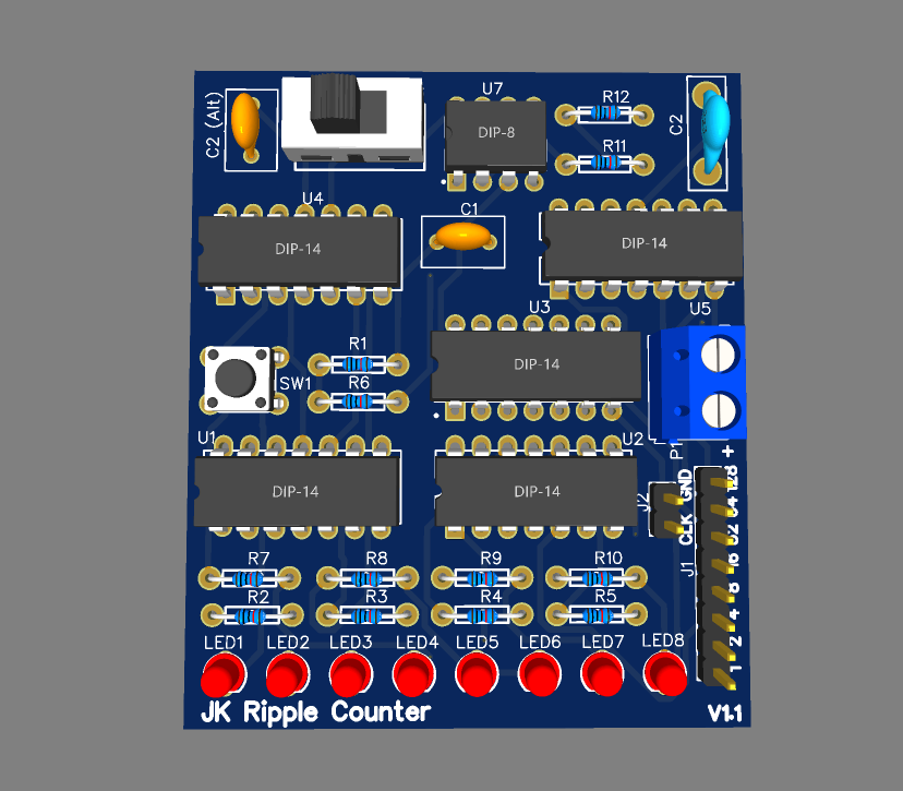 EasyEDA rendering of JK ripple counter PCB I designed and used for testing the program counter