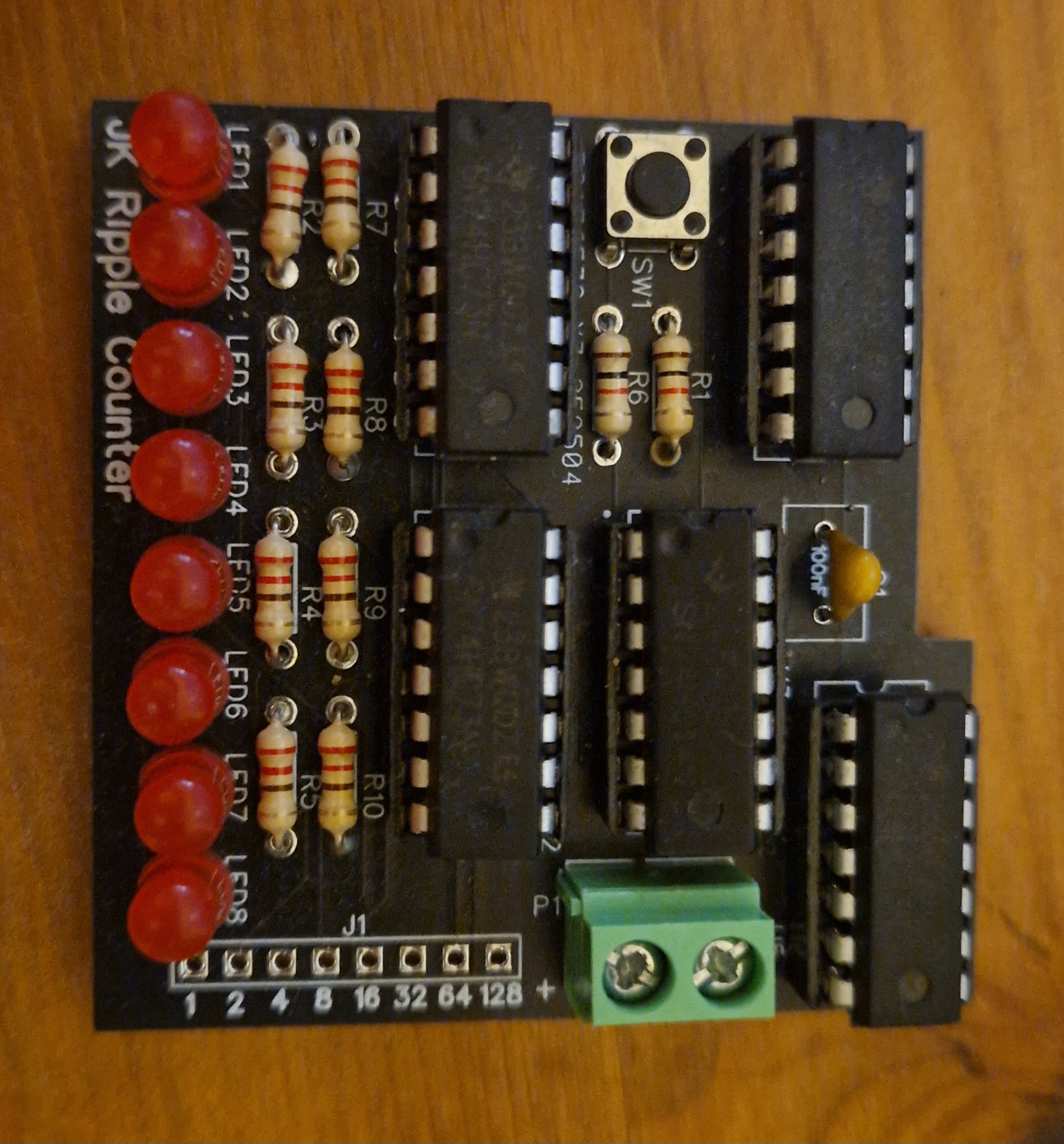Physical PCB of the JK ripple counter I designed, had manufactured and soldered
